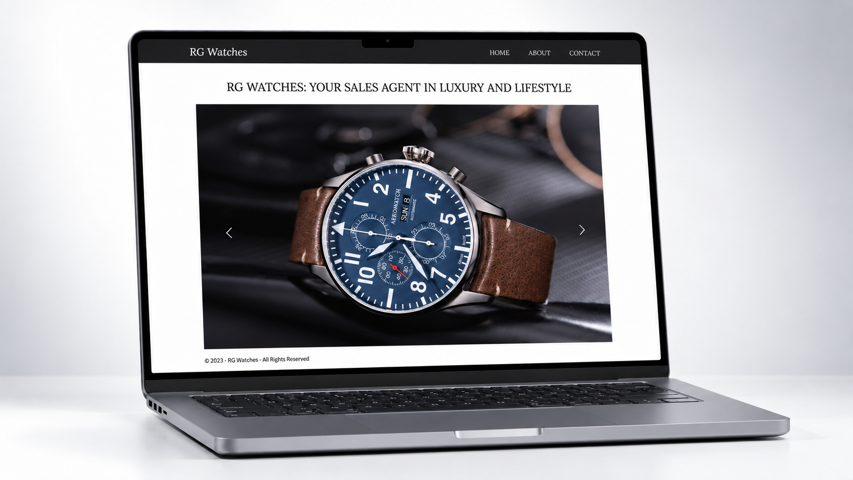 RG Watches website shown on a laptop with a luxury watch photograph